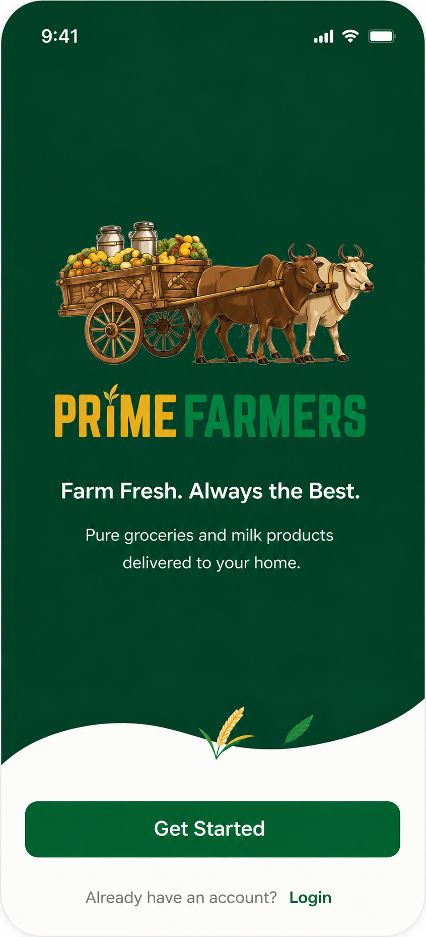 Prime Farmers ox-cart loaded with fresh produce and milk cans